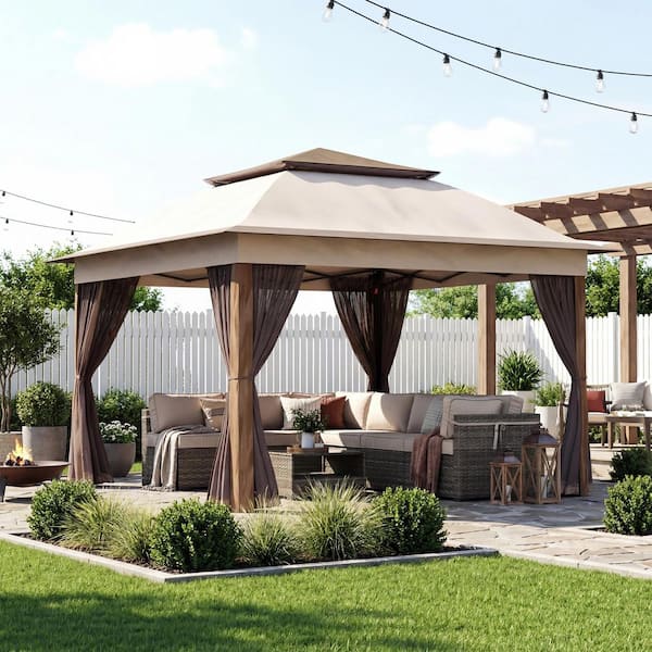 Beige Steel Portable Pop-Up Gazebo with Mosquito Netting 11 ft. x 11 ft.