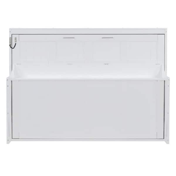 White Wood Frame Full Size Murphy Bed with Hydraulic Lift & Desk Design