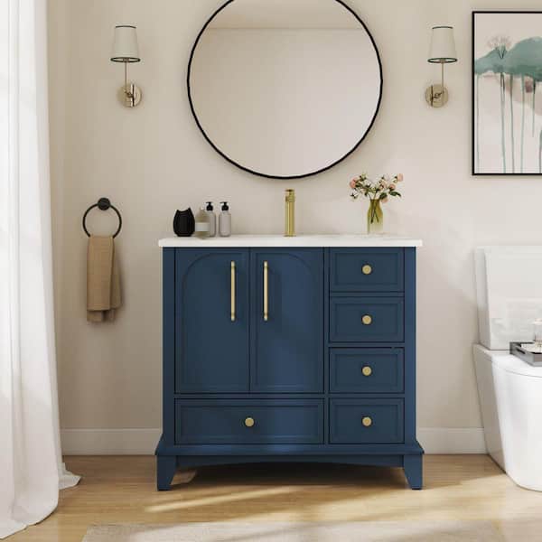 FAMYYT 36 in. Single Sink Freestanding Green Solid Wood Framed