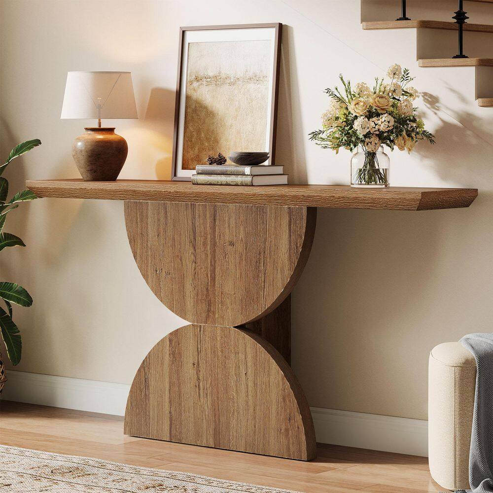 63 in. Brown Rectangle Engineered Wood Console Table with Unique Base, Farmhouse Entryway Table Long Sofa Table