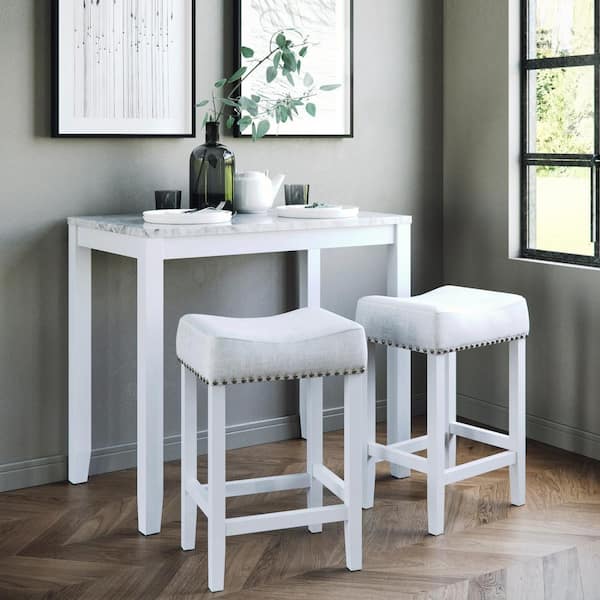 Nathan James Viktor Three-Piece Dining Set Kitchen Pub Table Marble Top White Wood Base Light Gray Fabric Seat