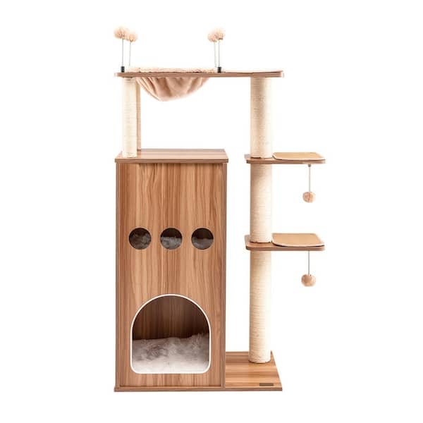 ANGELES HOME Natural Wood 52 in. Modern Multi-level Cat Play Center with Deluxe Hammock