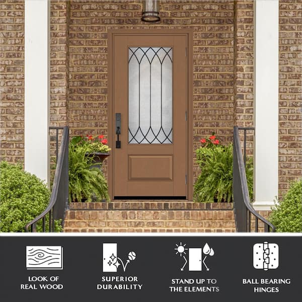 36 in. x 80 in. 3/4 Lite Spire LHOS Decorative Glass White Unfinished Fiberglass Prehung Front Door Regency