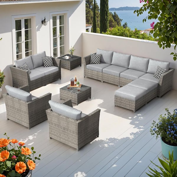 Bexley Gray 12-Piece Wicker Outdoor Sectional Set with Dark Gray Cushions and Coffee Table-No Assembly Required