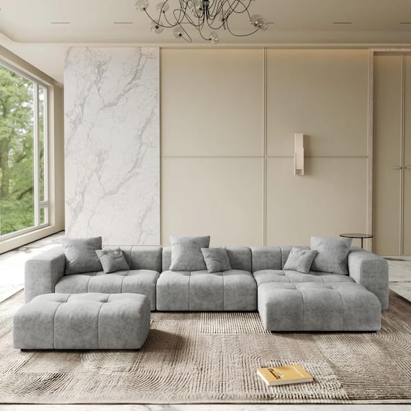144 in. Oversized Square Arm Linen U Shaped Modular Sectional Sofa 3-Seater with 2-Ottomans in. Gray
