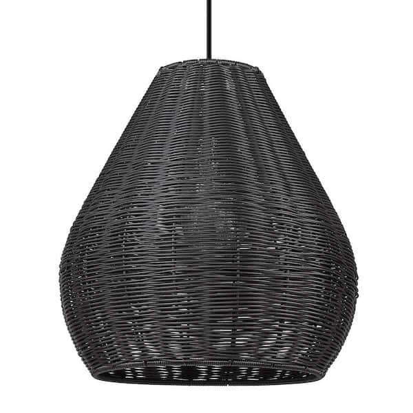 Golden Lighting Melany 18.125 in. 1-Light Natural Black and Matte Black Wicker Dimmable Outdoor Pendant Light