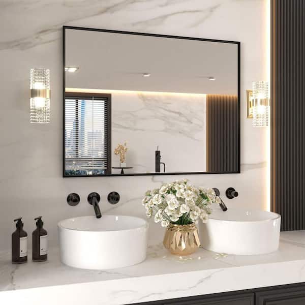48 in. W. x 32 in. H Rectangular Framed French Cleat Wall Mounted Tempered Glass Bathroom Vanity Mirror in Matte Black