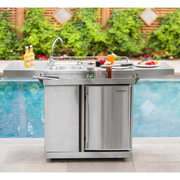 Leisure Season 62 in. Stainless Steel Outdoor Kitchen Cart and Beverage Center with Fridge and Sink