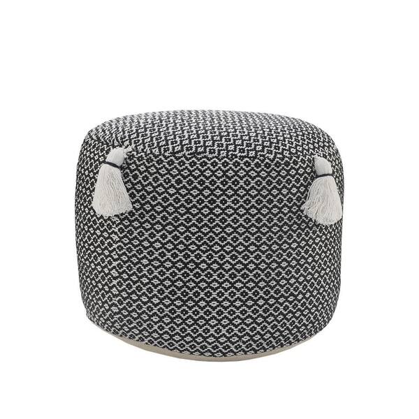 LR Home Handcrafted Black / White Modern Geometric Pouf with Tassels