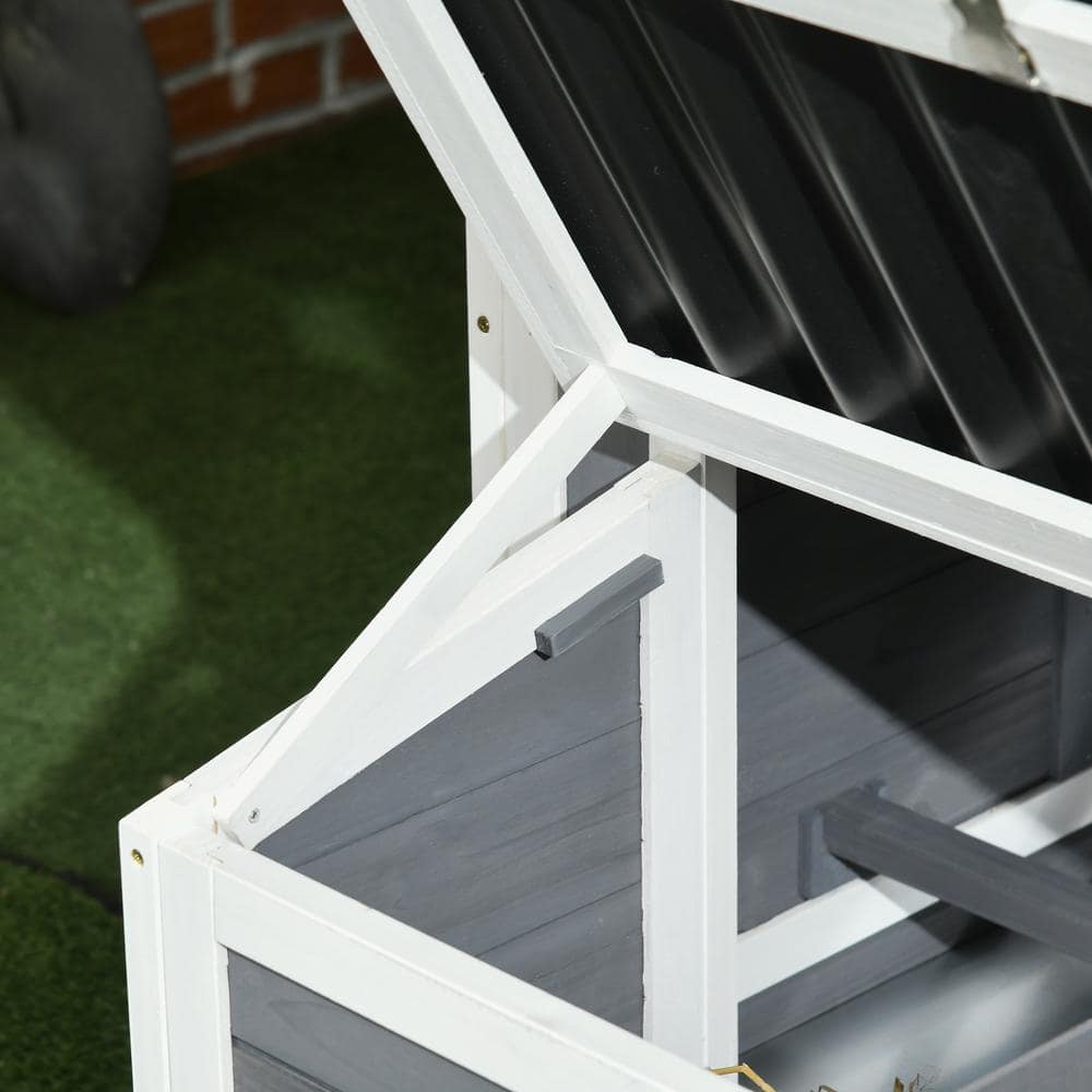 Gray and White Wooden Chicken Coop with Run and Nesting Box