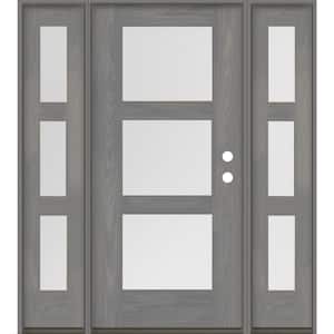 BRIGHTON Modern 64 in. x 80 in. 3-Lite Left-Hand/Inswing Satin Glass Malibu Grey Stain Fiberglass Prehung Front Door/DSL