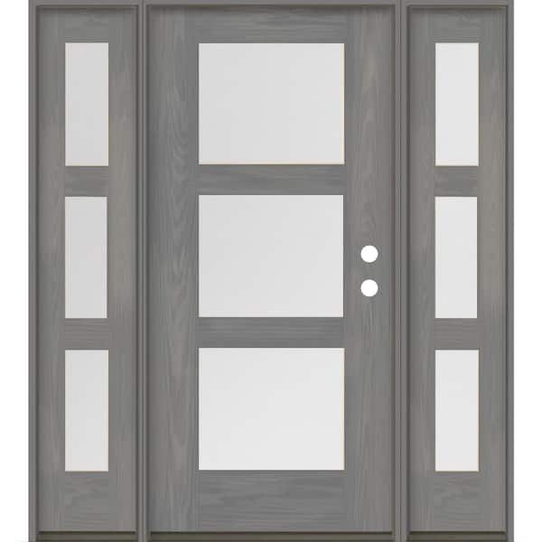Krosswood Doors BRIGHTON Modern 64 in. x 80 in. 3-Lite Left-Hand/Inswing Satin Glass Malibu Grey Stain Fiberglass Prehung Front Door/DSL
