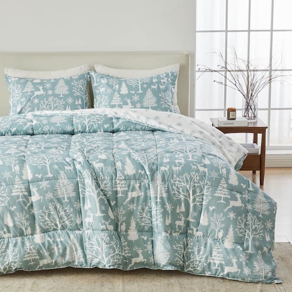 Blue Reversible Down Alternative Microfiber Comforter Set, King / California King, Enchanted Woods Blue
