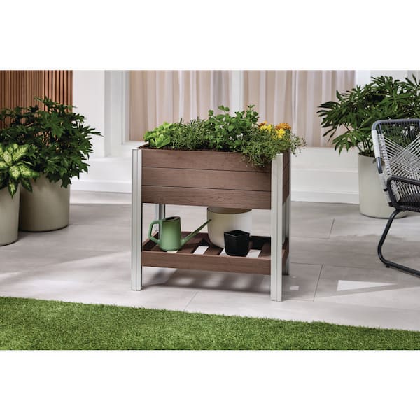 (31 in. L x 18 in. W x 29 in. H) Brown Vinyl Elevated Garden Bed with Storage Shelf