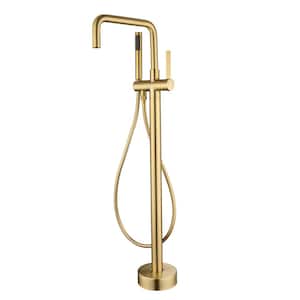 1-Handle Freestanding Tub Faucet with Hand Shower with Waterfall in Brushed Gold