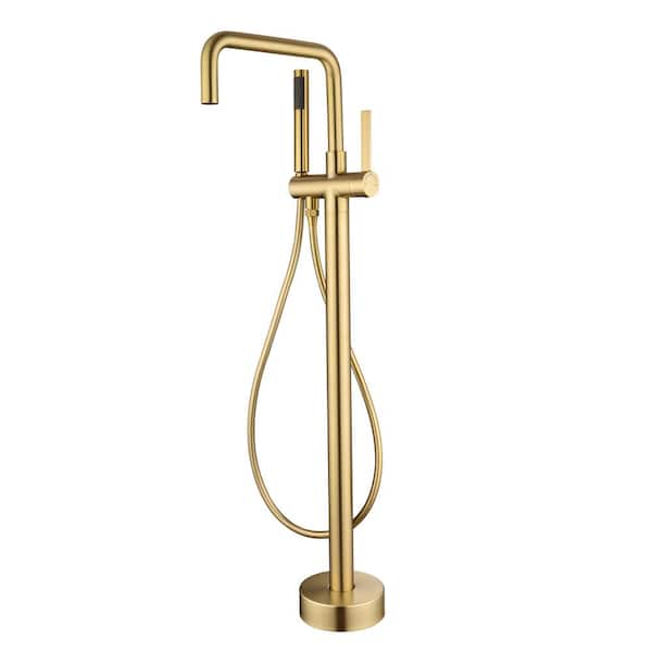Tahanbath 1-Handle Freestanding Tub Faucet with Hand Shower with Waterfall in Brushed Gold