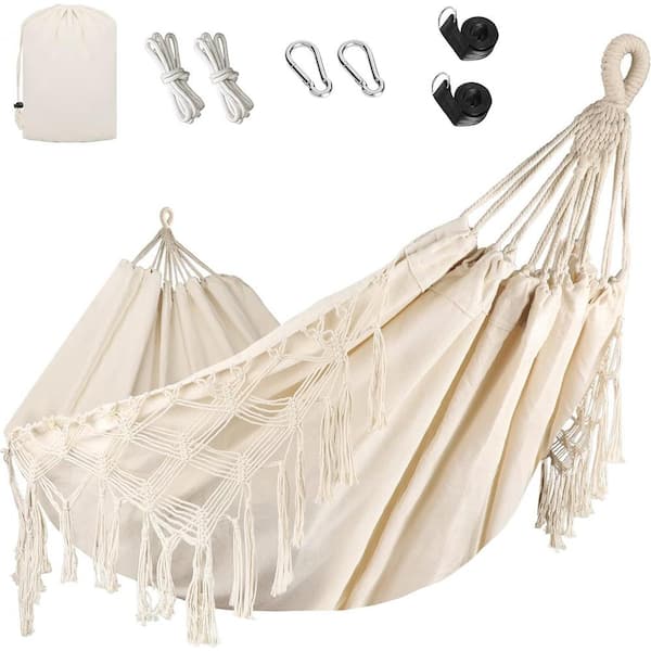 Unbranded 6.6 ft. Portable Heavy Duty Fishtail Knitting Double Hammock with Mounting Straps in Biege