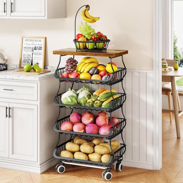 5-Tier Fruit Basket Kitchen Pantry Organizers and Storage with Wooden Top Table and Stackable Metal Wire Basket, Black