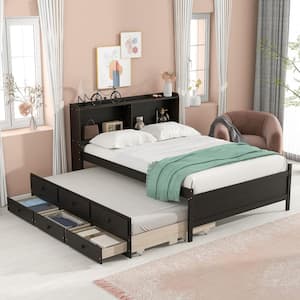 Modern Brown Full Size Bed with Twin Size Trundle, Wooden Platform Bed with 3-Drawers for Kids, No Box Spring Needed