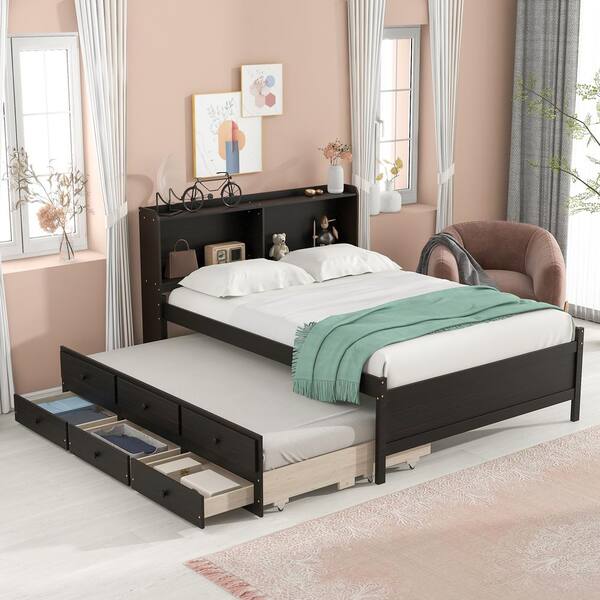 URTR Modern Brown Full Size Bed with Twin Size Trundle, Wooden Platform Bed with 3-Drawers for Kids, No Box Spring Needed
