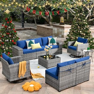 Tahoe Grey 9-Piece Wicker Outdoor Patio Conversation Sofa Set with Swivel Rocking Chairs and Navy Blue Cushions