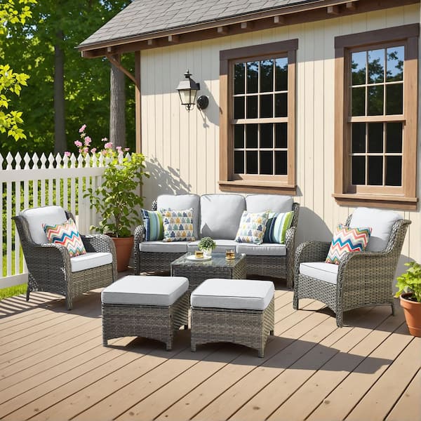 OVIOS Joyoung Gray 6-Piece Wicker Outdoor Patio Sectional Conversation Seating Set with Gray Cushions and Coffee Table