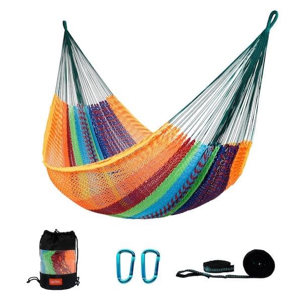 AURA OUTDOOR 12.5 ft. x 7.5 ft. Handwoven Outdoor Double Rope Mayan Hammock Bed with Carring Bag, Assorted Colors