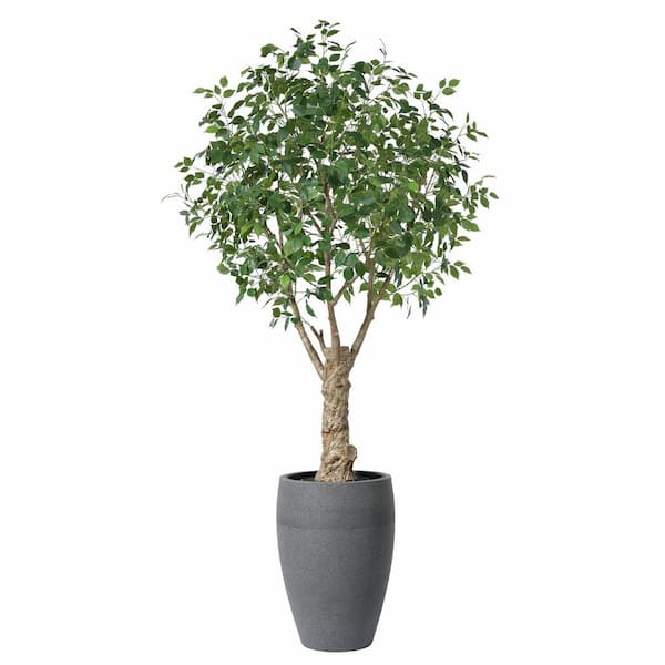 DR.Planzen 8 ft. uv Resistant Artificial Ficus Tree With Grey Tall Planter, Fake Tropical Ficus Plants Outdoor Decor