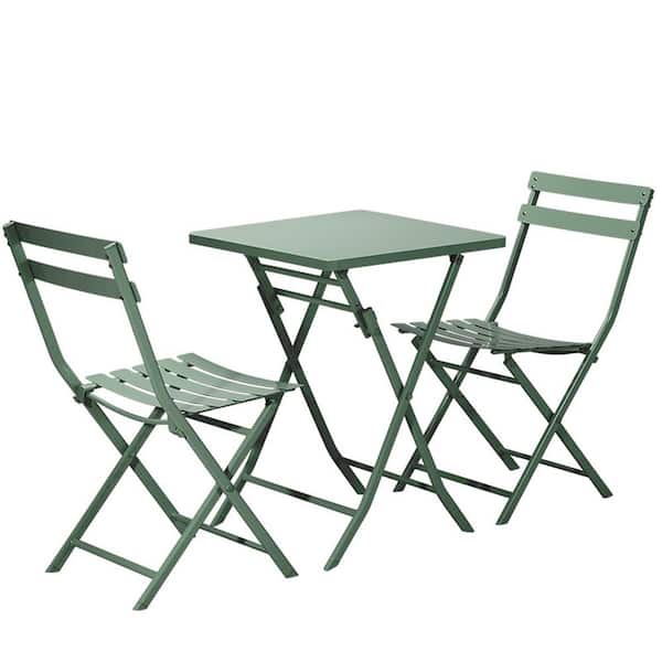 Unbranded Patio Dark Green 3-Piece Folding Metal Outdoor Bistro Chairs and 1 Table (Set of 2)