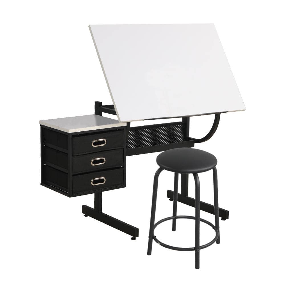 Tidoin 45.67 in. Rectangular White Wood 3 Drawer Writing Desk with Stool and Adjustable Height