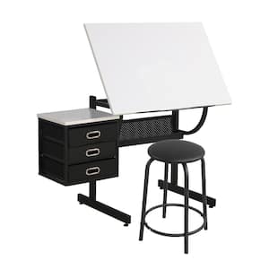45.67 in. Rectangular White Wood 3 Drawer Writing Desk with Stool and Adjustable Height