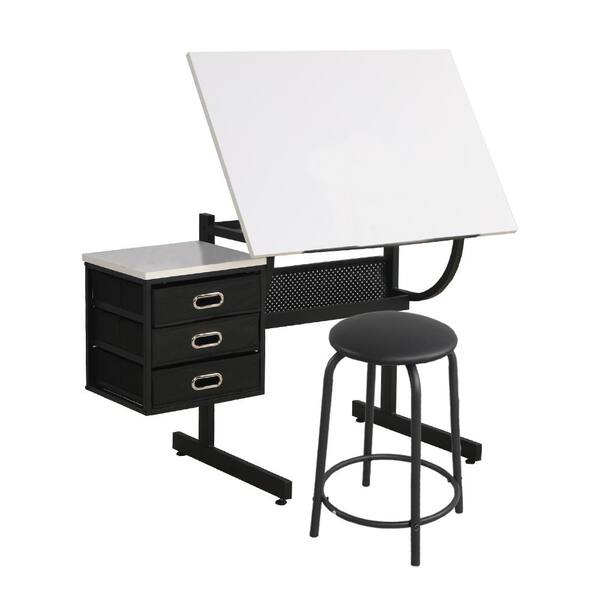 Adjustable Desktop Drawing Drafting Table, E1 Particle Board Art Table  Tilting Tabletop Art Craft Desk with Stool and 3 Drawers for Art Studio