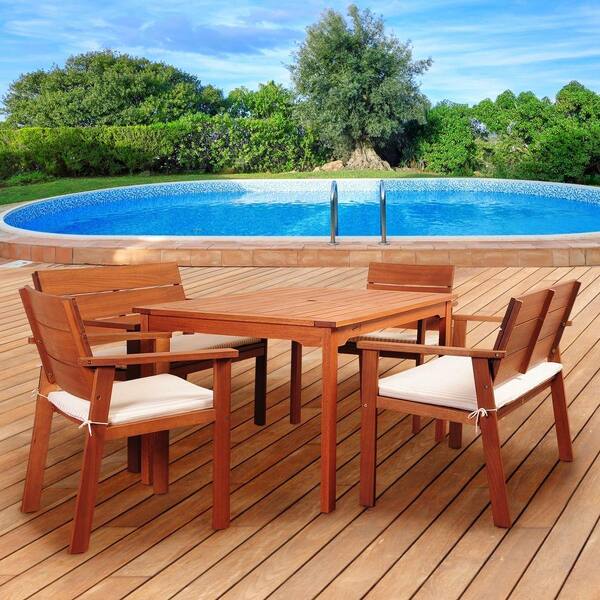 Amazonia Nelson 5-Piece Rectangular Eucalyptus Patio Dining Set with Striped Beige and Off-White Cushions