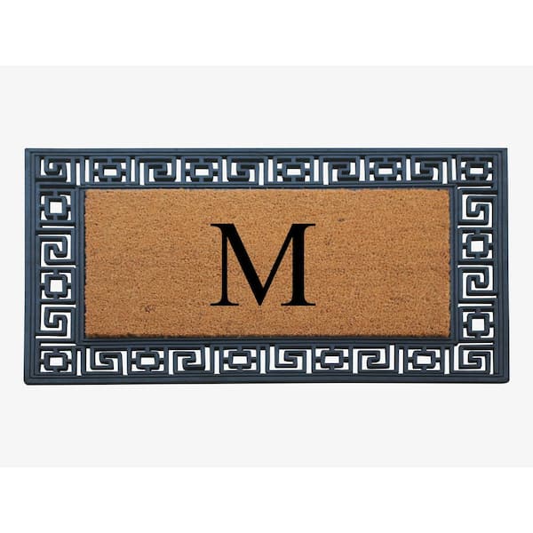 A1 Home Collections A1HC Greek Key Border Black/Beige 24 in. x 36 in. Rubber and Coir Heavy Duty Easy to Clean Monogrammed M Door Mat