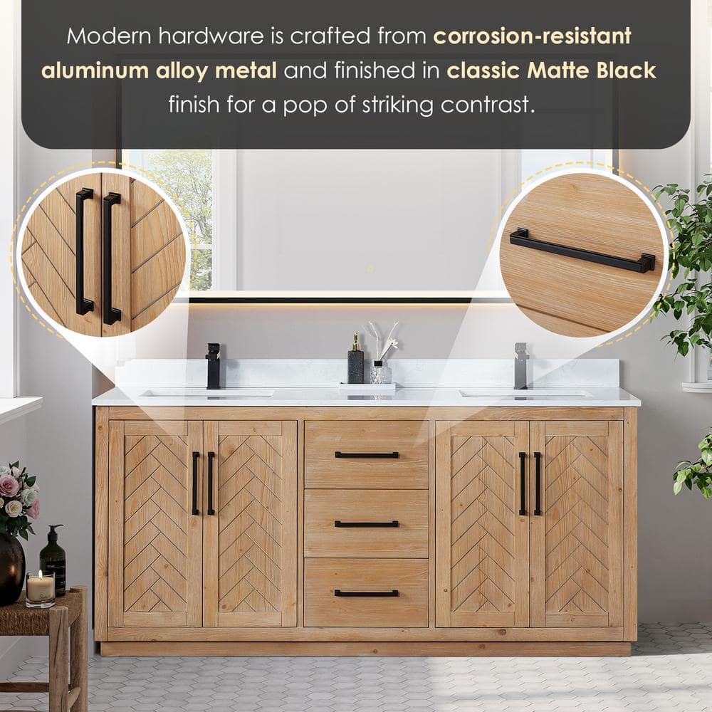 Anais 72" Light Brown Fir Wood Vanity with White Stone Top and Mirror