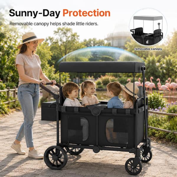4 Seater Stroller Wagon Folding Kids Wagon with Canopy 5 Point Harness All Terrain Wheels Gray