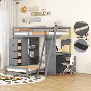 Gray Twin Over Twin Wood Bunk Bed with 3-Layer Shelves, 8-Drawer, Built-in Desk, LED Light and USB Ports