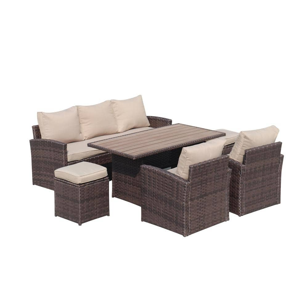 6-Piece Wicker Rattan Outdoor Patio Sectional Sofa Set with Beige ...