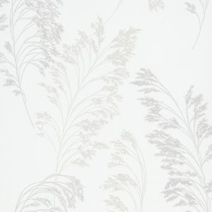 Shimmery White/Pearl Shrub Leaf On Plain Linen Texture Vinyl on Non-Woven Non-Pasted Wallpaper Roll