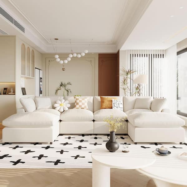 Harper & Bright Designs 134.4 in. 6-piece Modern Large Polyester Modular Sectional Sofa in Beige with 2 Ottomans