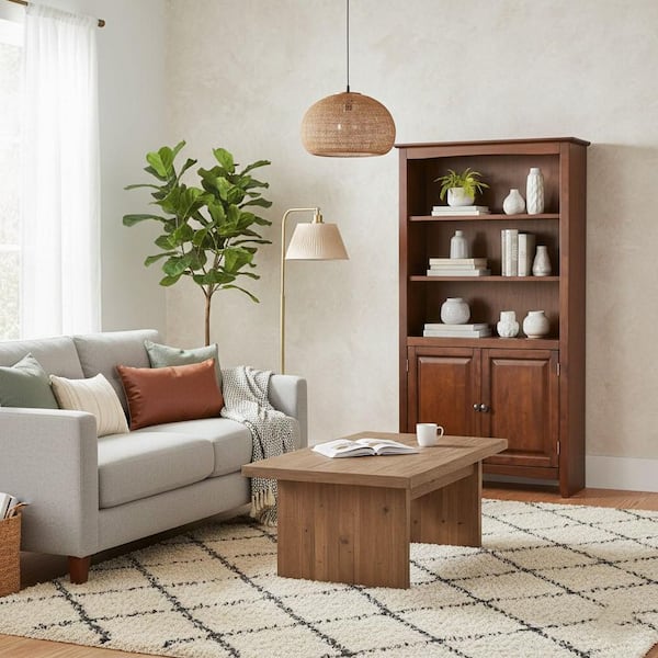 Shelly 60 in. Tall Espresso Solid Wood 5-Shelf Bookcase with lower doors