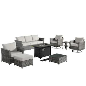 Eufaula Gray 10-Piece Wicker Patio Fire Pit Conversation Sofa Set with Swivel Rocking Chairs and Coarse Beige Cushions