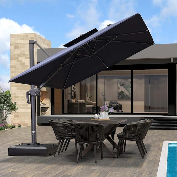 PURPLE LEAF 9 ft. x 12 ft. 2-Tier Aluminum Cantilever 360° Rotation Patio Umbrella with Base, Navy Blue