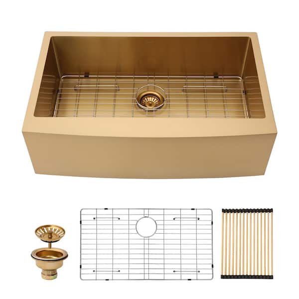 30 in. Farmhouse Single Bowl 16 Gauge Gold Ceramic Kitchen Sink with Drain and Dish Grid