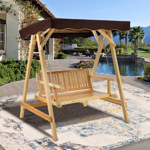 2-Person Wood Patio Swing Bench Chair with Adjustable Canopy