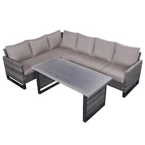 3-Piece Rattan Gray Wicker Patio Conversation Outdoor Seating Set with Gray Cushions