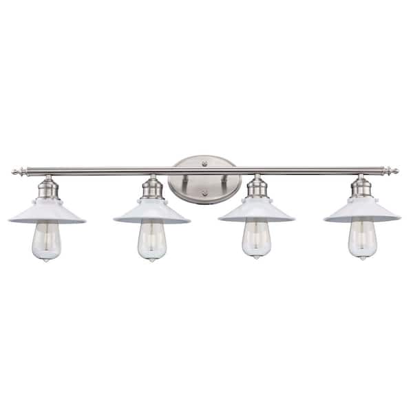 Hampton Bay Glenhurst 34 in. 4-Light Industrial Farmhouse White and Brushed Nickel Bathroom Vanity Light Fixture with Metal Shades