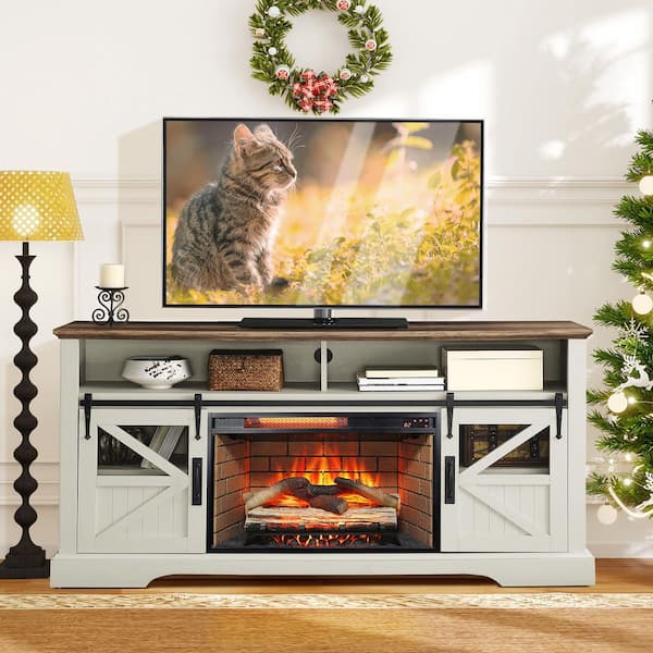 59 in. Freestanding Electric Fireplace TV Stand with 27 in. Fireplace Insert in White, Tempered Glass Front, Remote