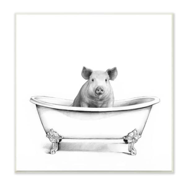 Stupell Industries "Hog in Bath Tub Minimal Bathroom Sketch" by Victoria Borges Unframed Animal Wood Wall Art Print 12 in. x 12 in.