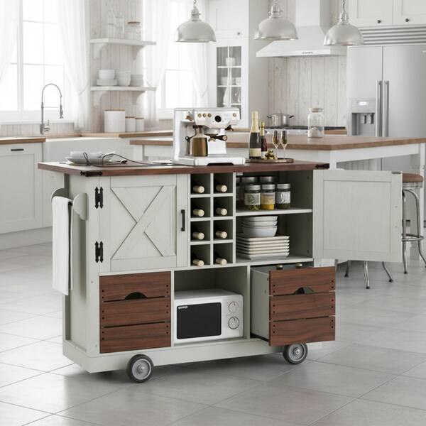 GOGEXX White MDF Wood 54 in. W Farmhouse Kitchen Island with Power
